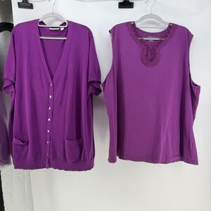 Croft & Barrow Twin Set Women 3X Purple Lace Cardigan Tank Top Minimalist Career